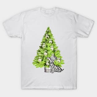 Dachshund Dog Christmas scene with Christmas tree and Santa hat T-Shirt